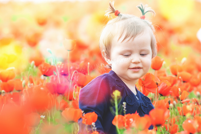 红色花丛中的可爱女孩摄影高清图片