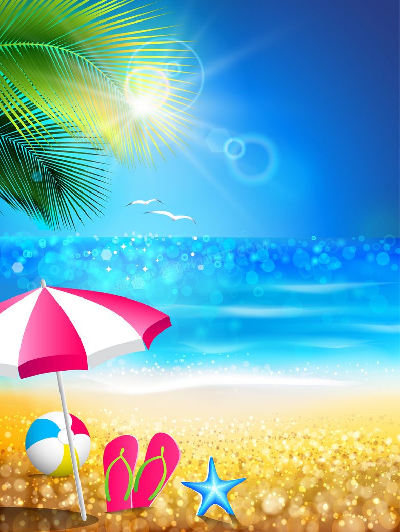 沙滩上的遮阳伞与海星拖鞋高清图片