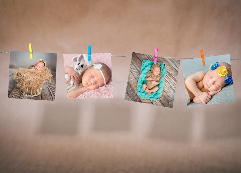 夹在绳子上的几张宝宝照片高清图片