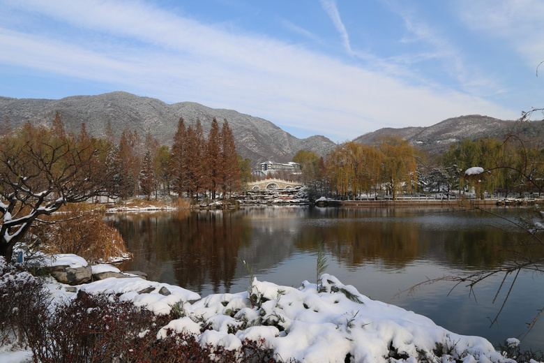 公园湖泊美丽雪景摄影图片
