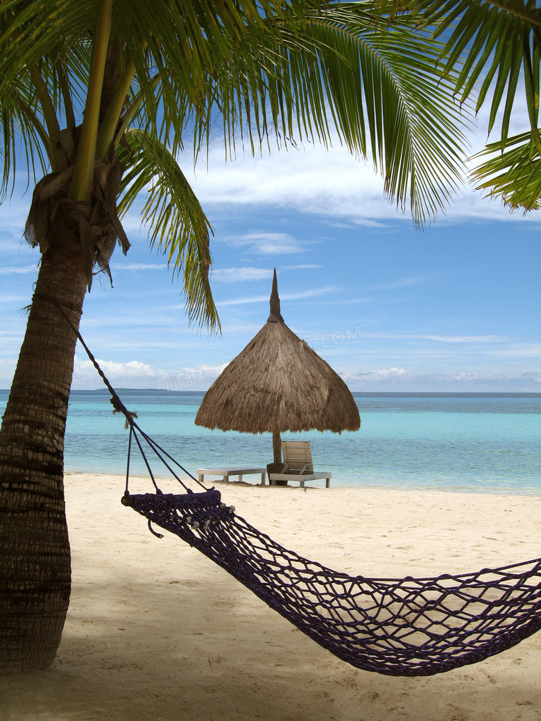 椰树吊床与沙滩茅草伞摄影高清图片