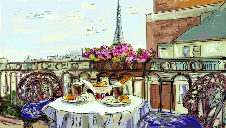 铁塔与餐桌上的美食手绘画高清图片