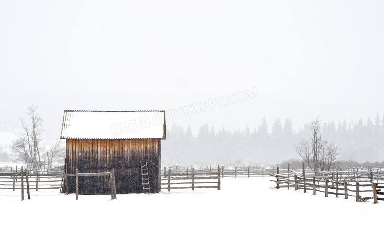 雪中的树林与小木屋等摄影高清图片
