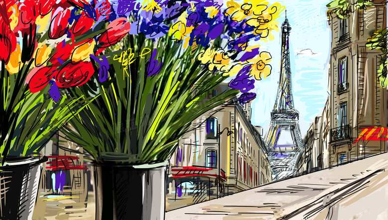 花盆与巴黎建筑物手绘创意高清图片