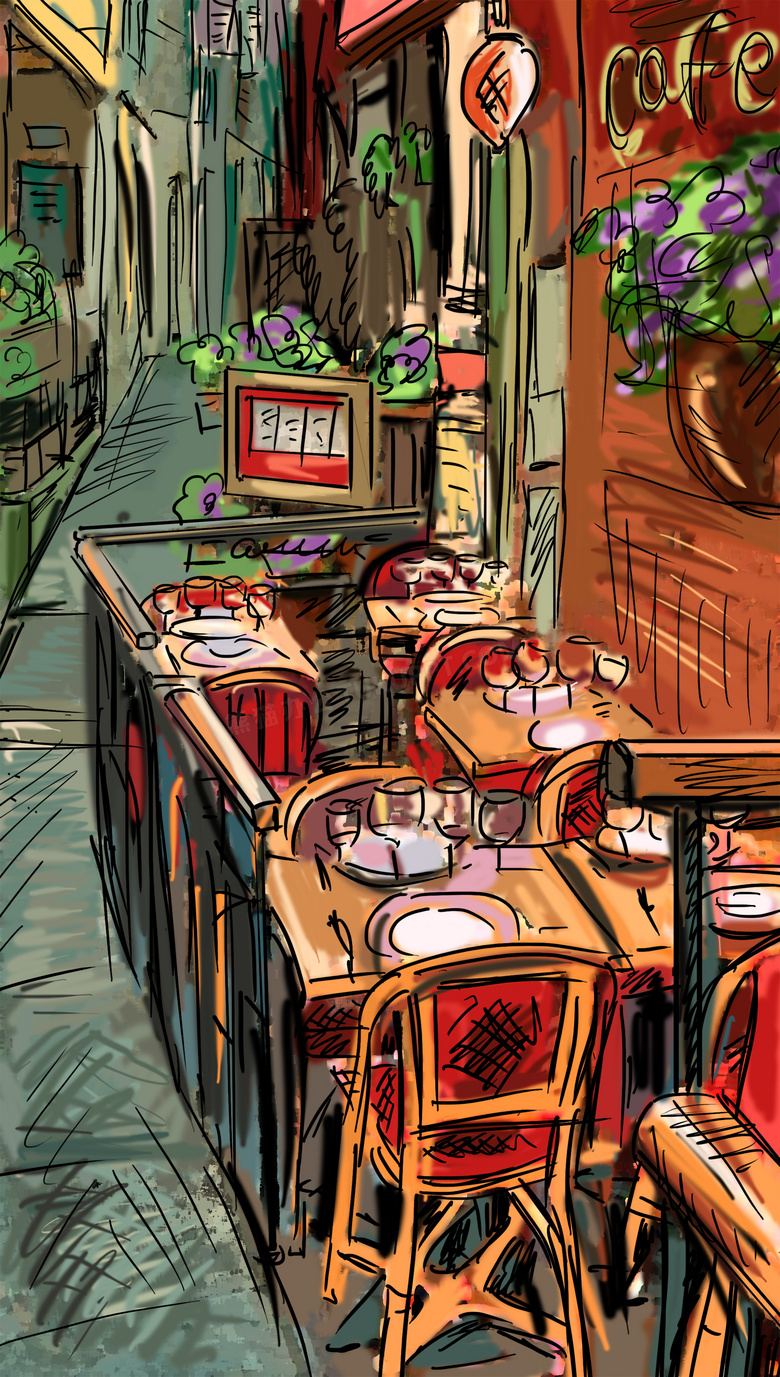 咖啡馆外的桌椅摆设手绘画高清图片