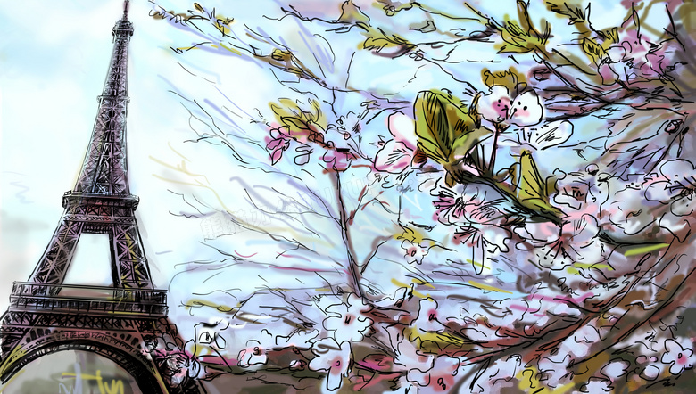 埃菲尔铁塔与盛开鲜花手绘高清图片