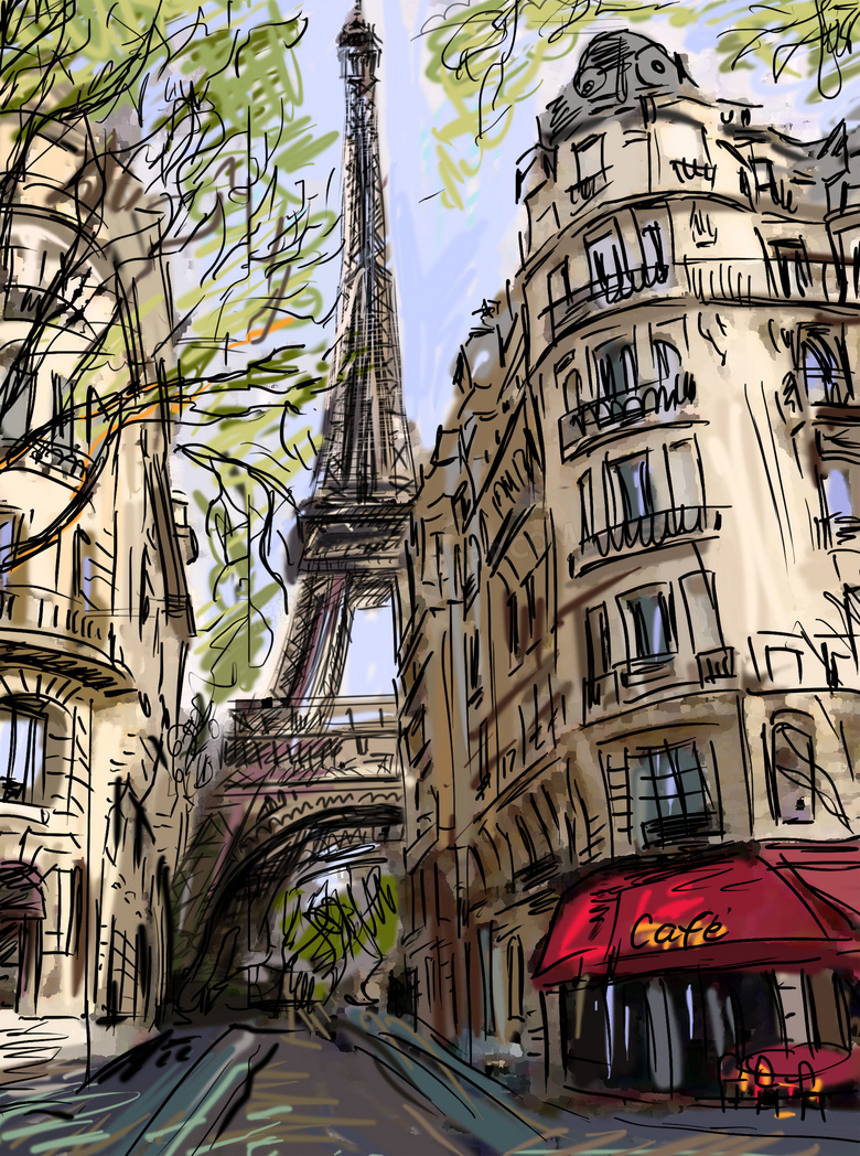 铁塔与建筑物咖啡馆手绘画高清图片