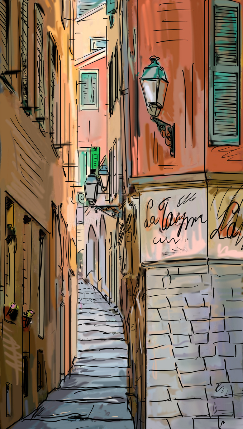 手绘风格城市狭窄小巷绘画高清图片