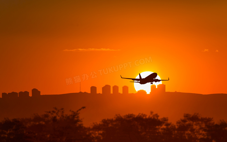 太阳与飞机建筑物剪影摄影高清图片