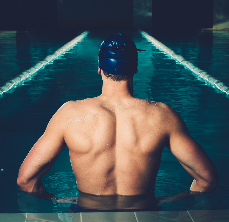 游泳池泳道中男子背影摄影高清图片
