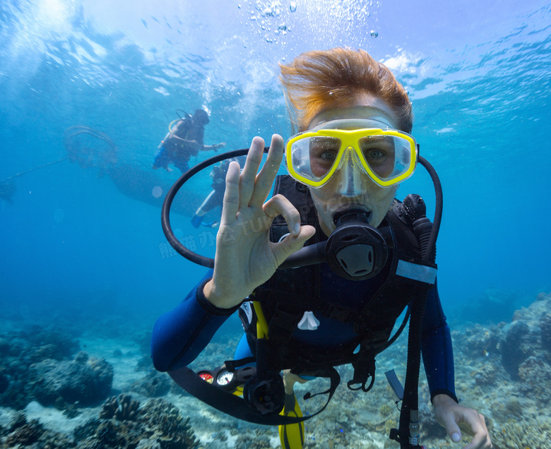在水里做手势的潜水员摄影高清图片