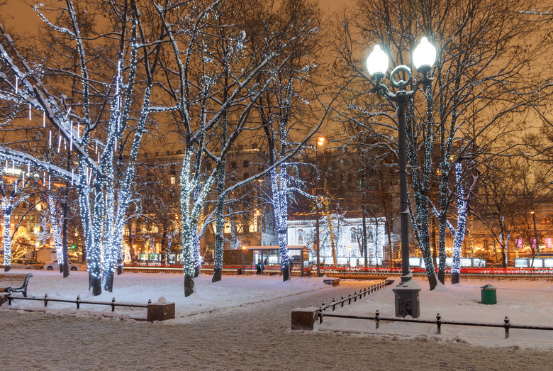 冬天装饰在树上的灯等摄影高清图片