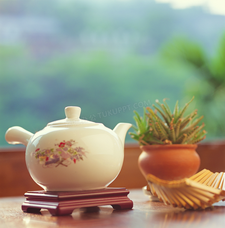 白瓷茶壶与盆栽植物等摄影高清图片