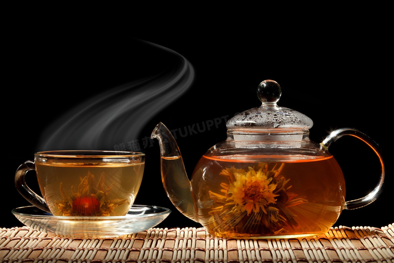 茶壶与已经沏好的花茶摄影高清图片