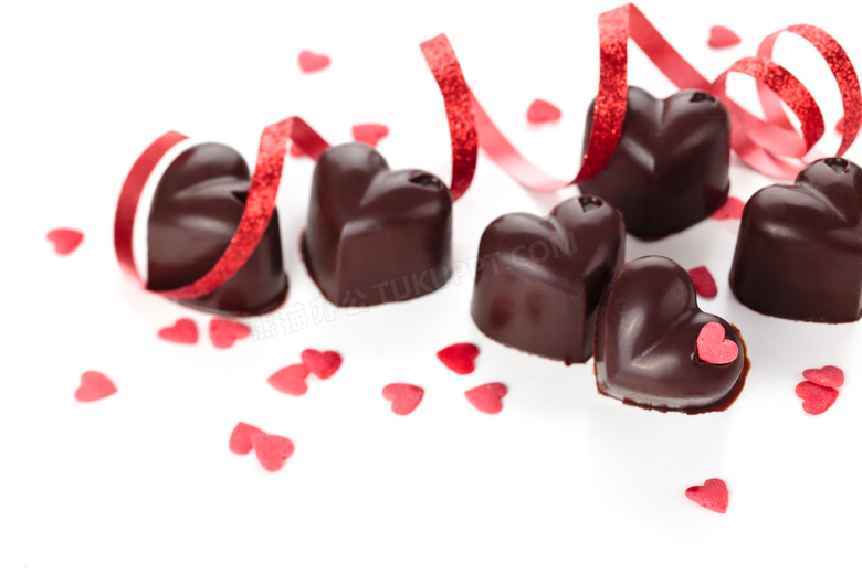 红色丝带与香甜巧克力摄影高清图片