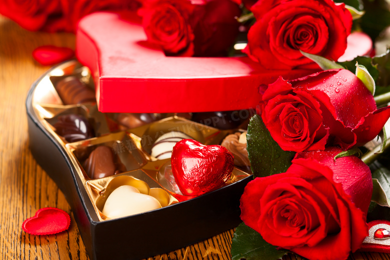 红玫瑰与巧克力礼物盒摄影高清图片