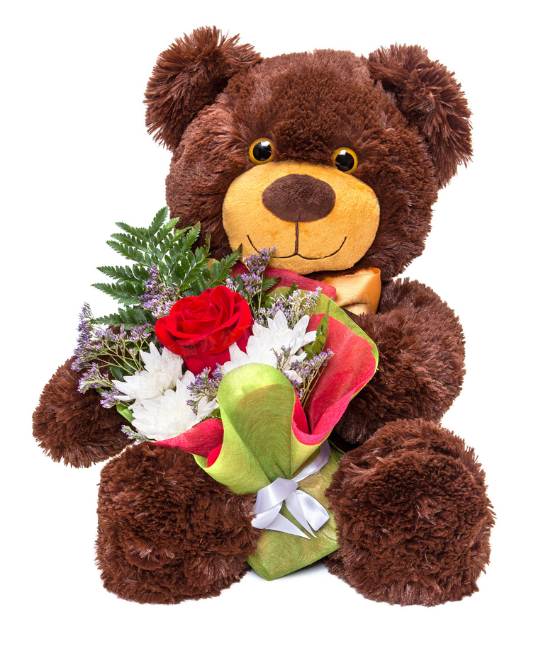 抱着花束的可爱玩具熊创意高清图片