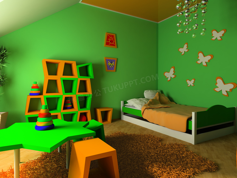 绿颜色的儿童房间内景摄影高清图片