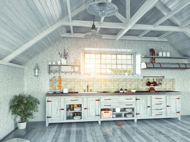 木结构房屋的厨房内景摄影高清图片