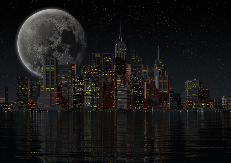 月亮星星与城市建筑物摄影高清图片
