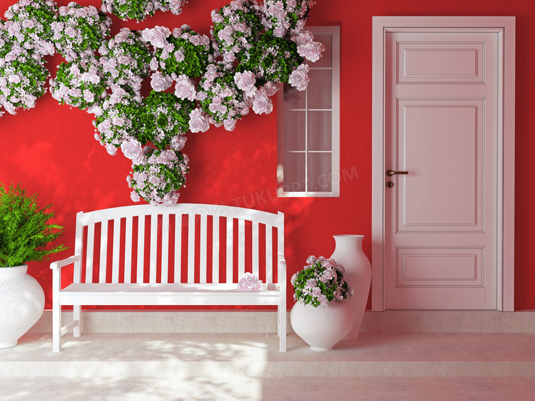 红墙外的长椅与鲜花等渲染效果图片