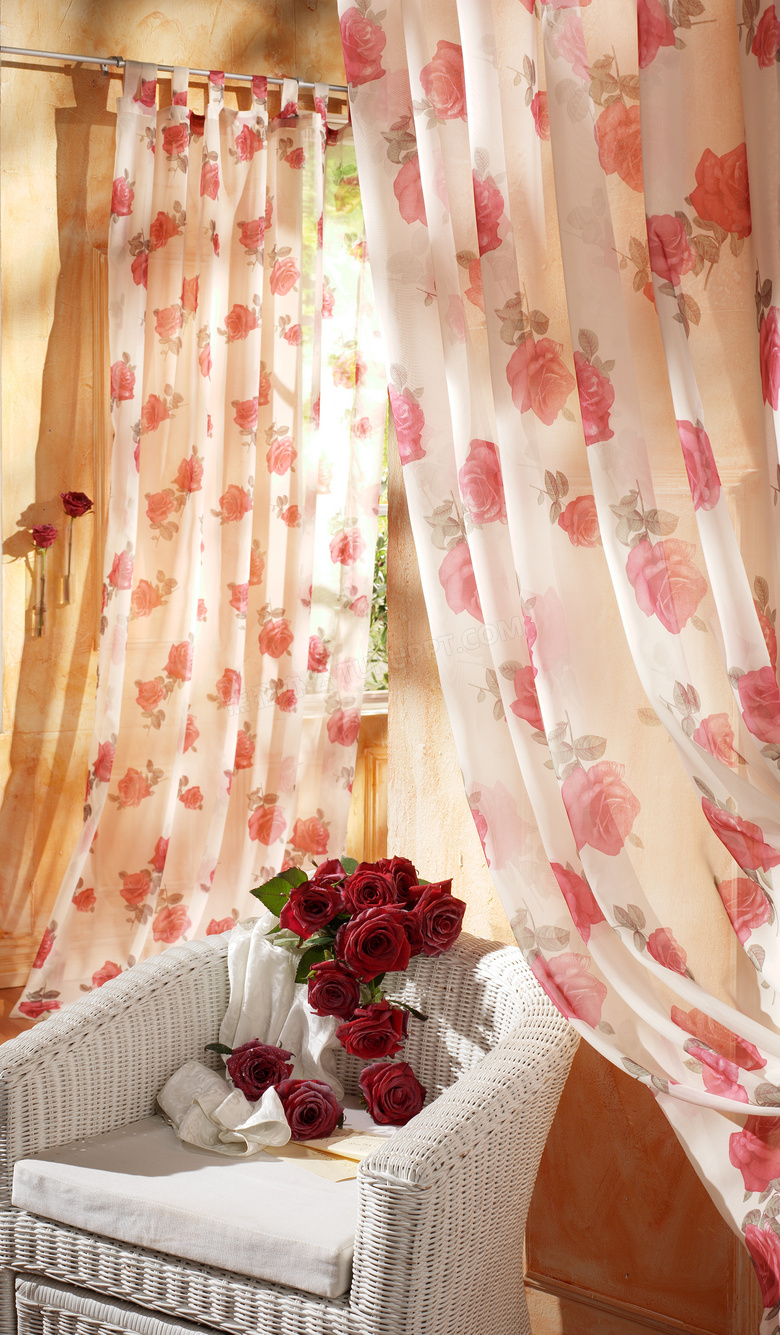 花饰窗帘与圈椅玫瑰花摄影高清图片