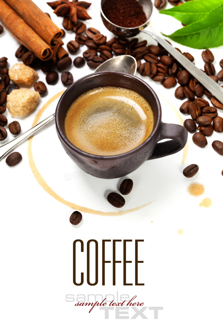 咖啡豆与咖啡杯子汤匙摄影高清图片