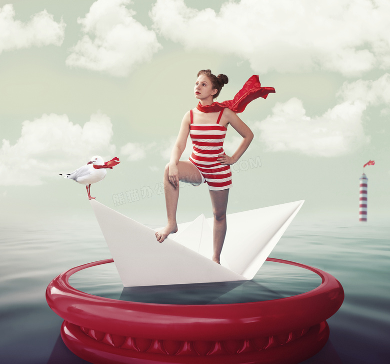 踏着小纸船的女人创意设计高清图片
