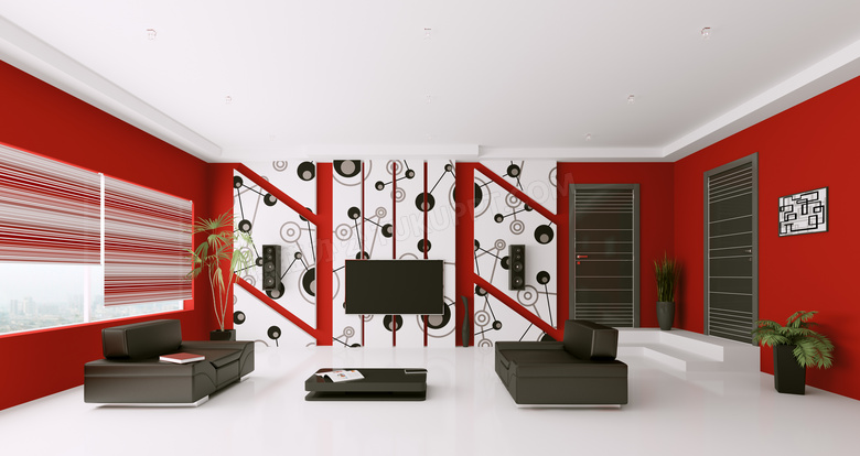 室内红色墙与时尚墙纸摄影高清图片