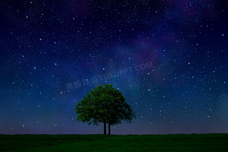 天空繁星点点与大树草地等高清图片