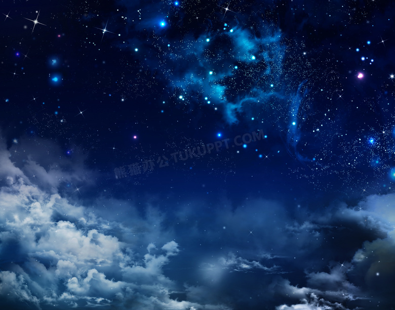 白云与繁星点点的夜空树叶高清图片