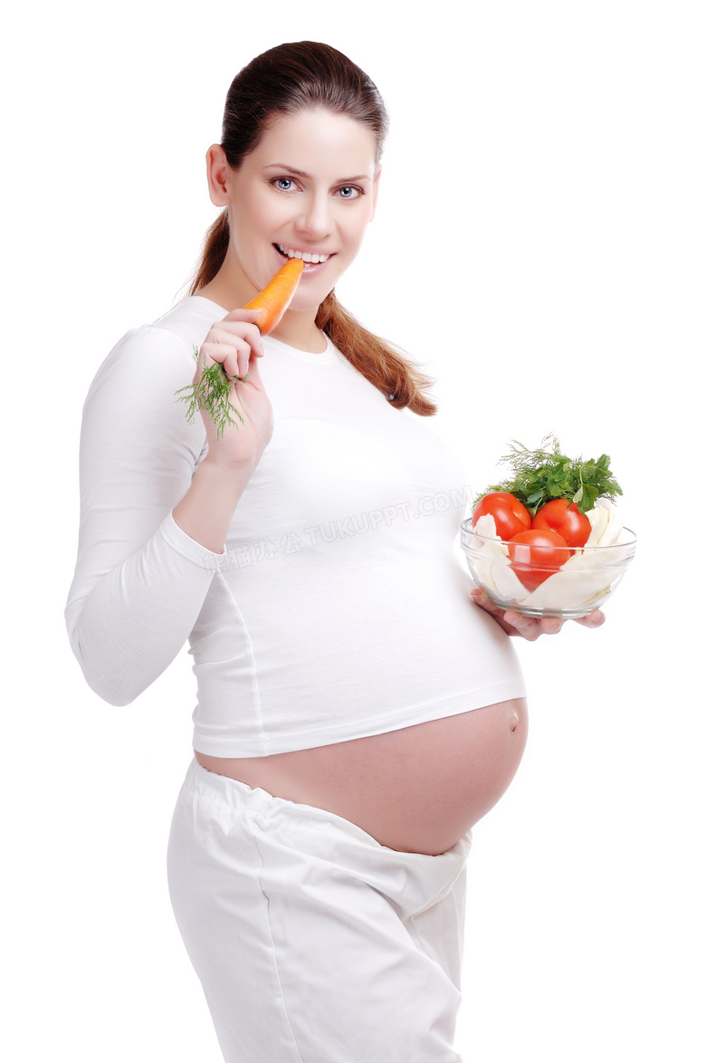 拿着胡萝卜番茄的孕妇摄影高清图片