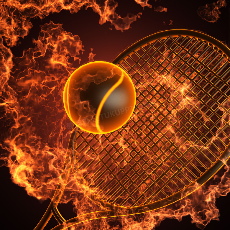 燃烧着火苗的球拍网球创意高清图片