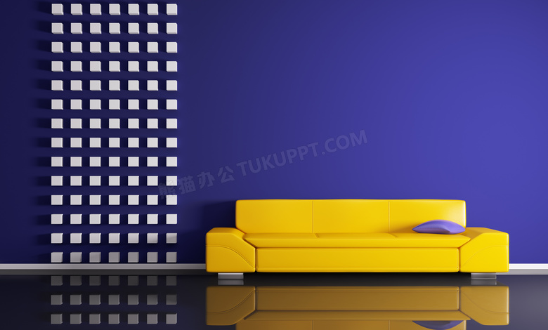 房间蓝色墙壁黄色沙发摄影高清图片