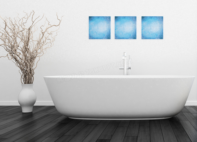 室内浴缸干枝与装饰画摄影高清图片
