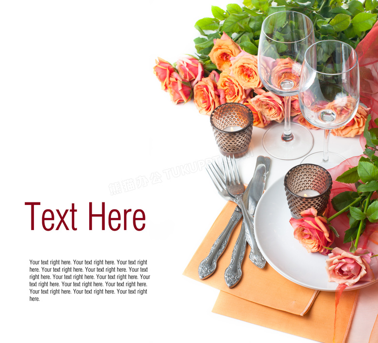 酒杯玫瑰花与刀叉餐具摄影高清图片