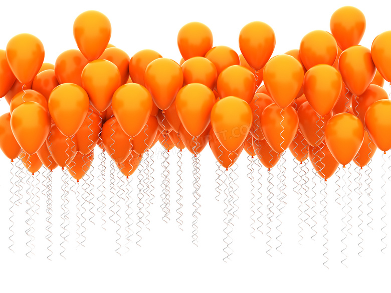 多个飘着的橙色氢气球摄影高清图片