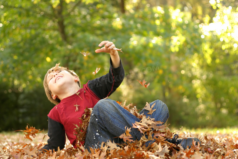 秋天户外玩耍的小男孩摄影高清图片
