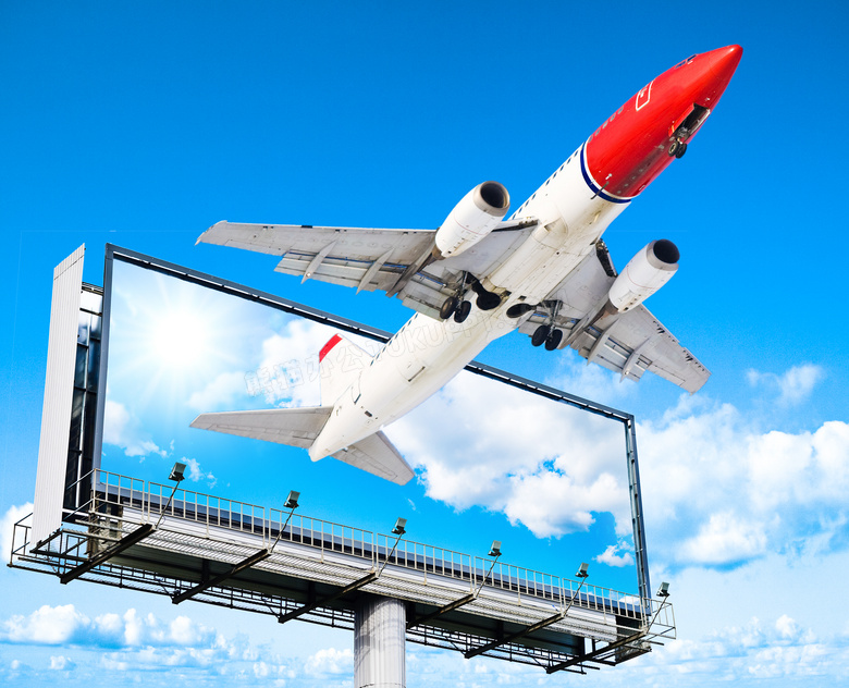 广告牌里飞出来的飞机创意高清图片
