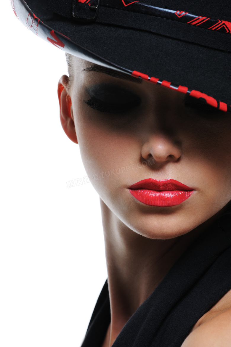 戴帽子的红唇美女人物摄影高清图片