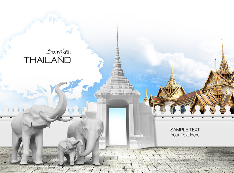大象雕像与泰国风格建筑物高清图片