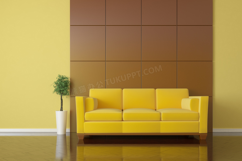 黄色沙发与室内植物摄影高清图片