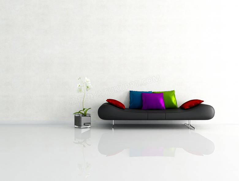 黑色沙发与抱枕渲染效果高清图片