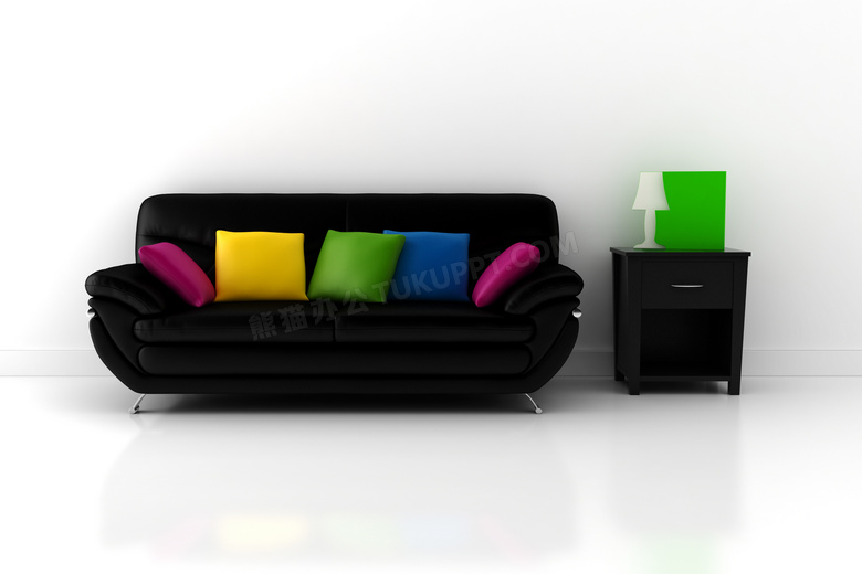 黑色沙发与五彩枕头高清图片