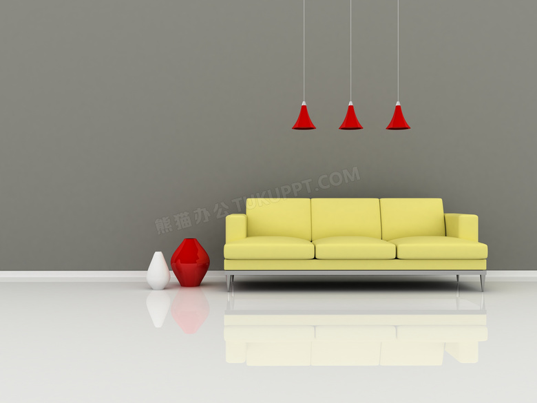 黄色沙发与红色吊灯高清图片
