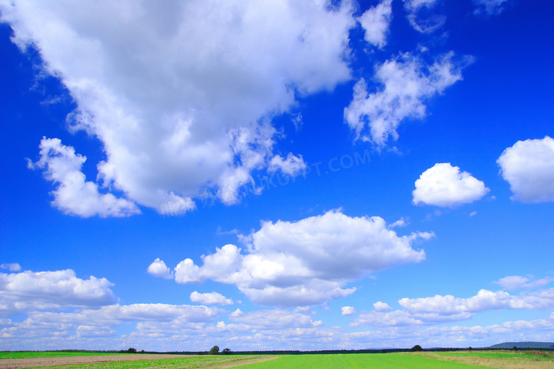蓝天白云下的草地摄影图片