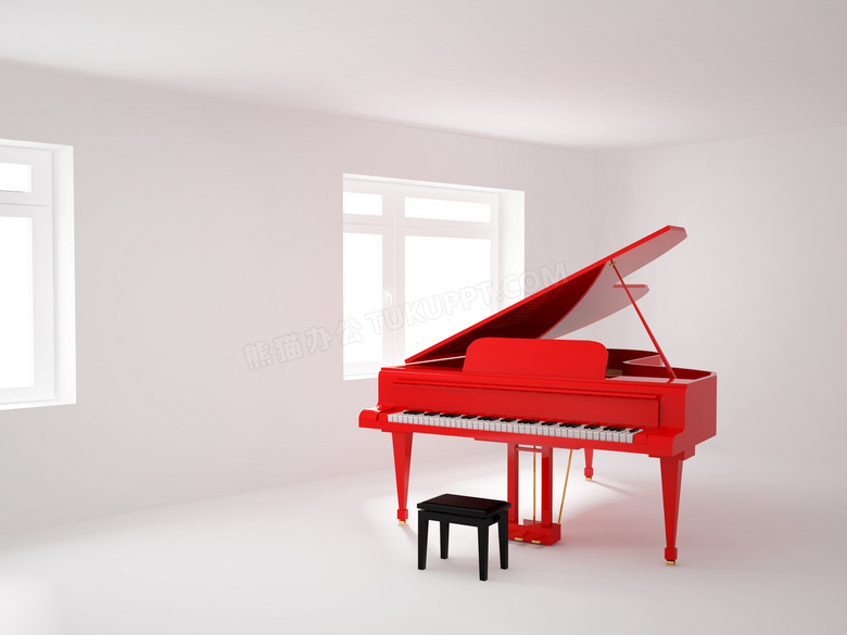 白色墙壁房间里的红色钢琴摄影高清图片