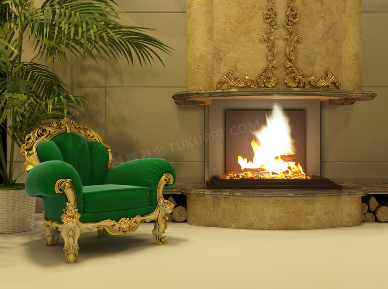 欧式室内沙发火炉渲染效果高清图片