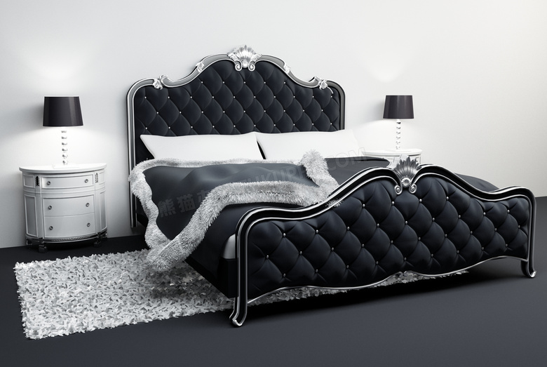 欧式风格卧室里的大床渲染高清图片