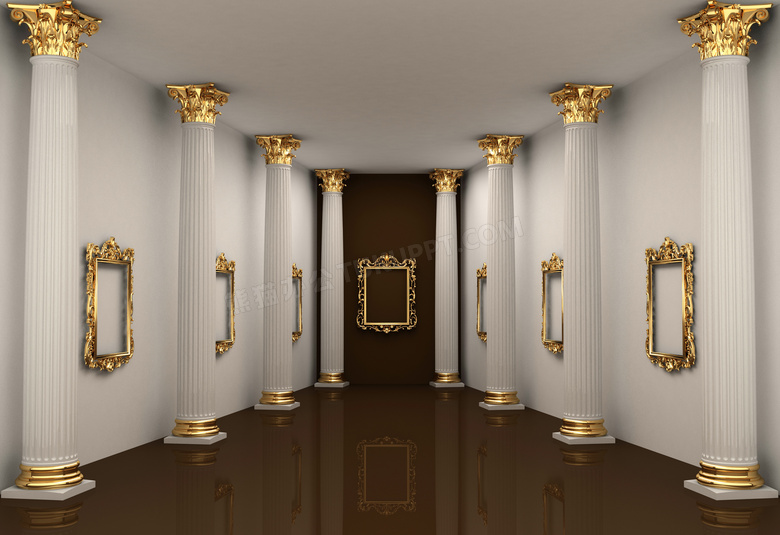 室内空间罗马柱与金色画框摄影高清图片